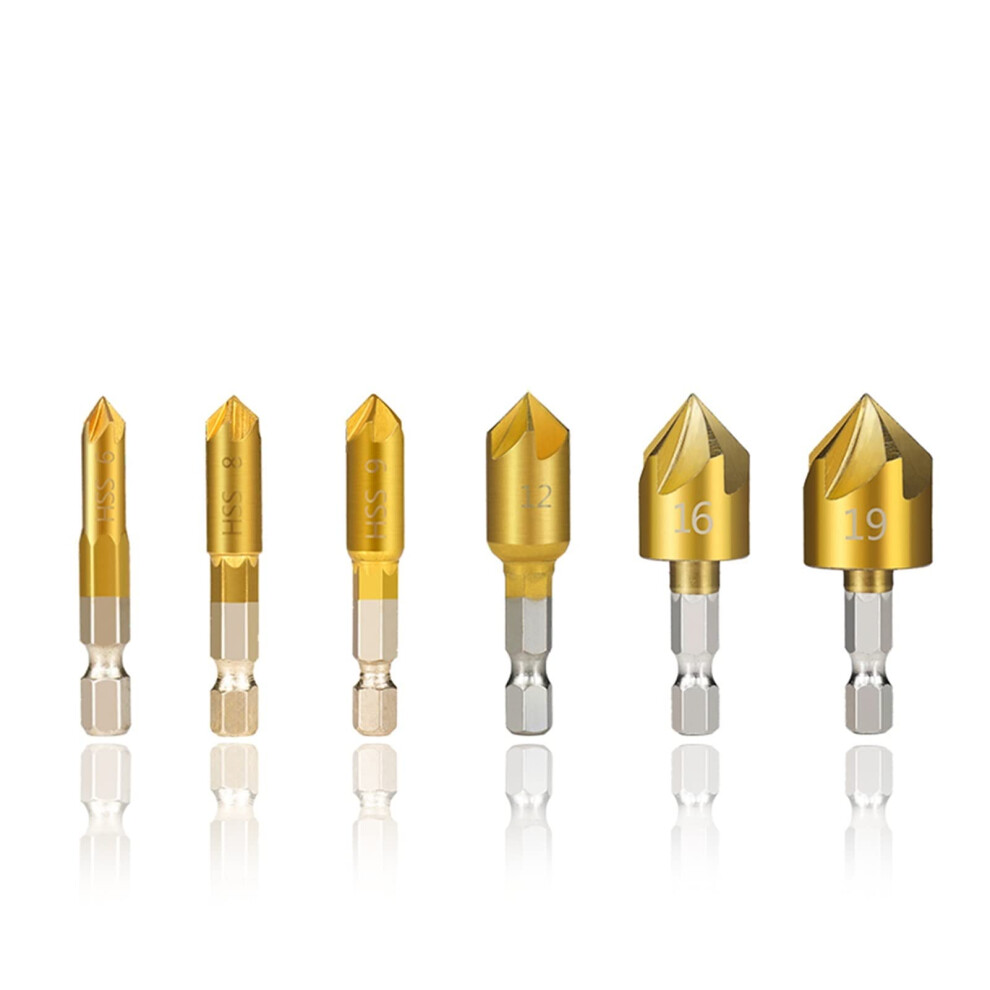 Chamfer Drill Bit 1/4 Inch Hex Shank 90 Degree Hss Tin Coated 5 Flute Countersink Wood Drilling Bit 6482260696096