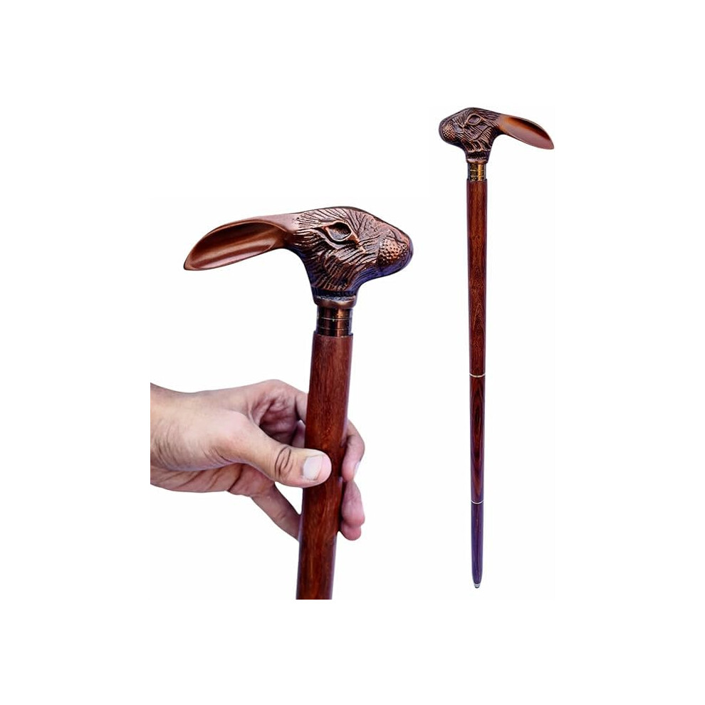 Vintage Victorian Folding Wooden Walking Cane 36 Inch with Brass Rabbit Handle Antique Style Durable Mobility Aid