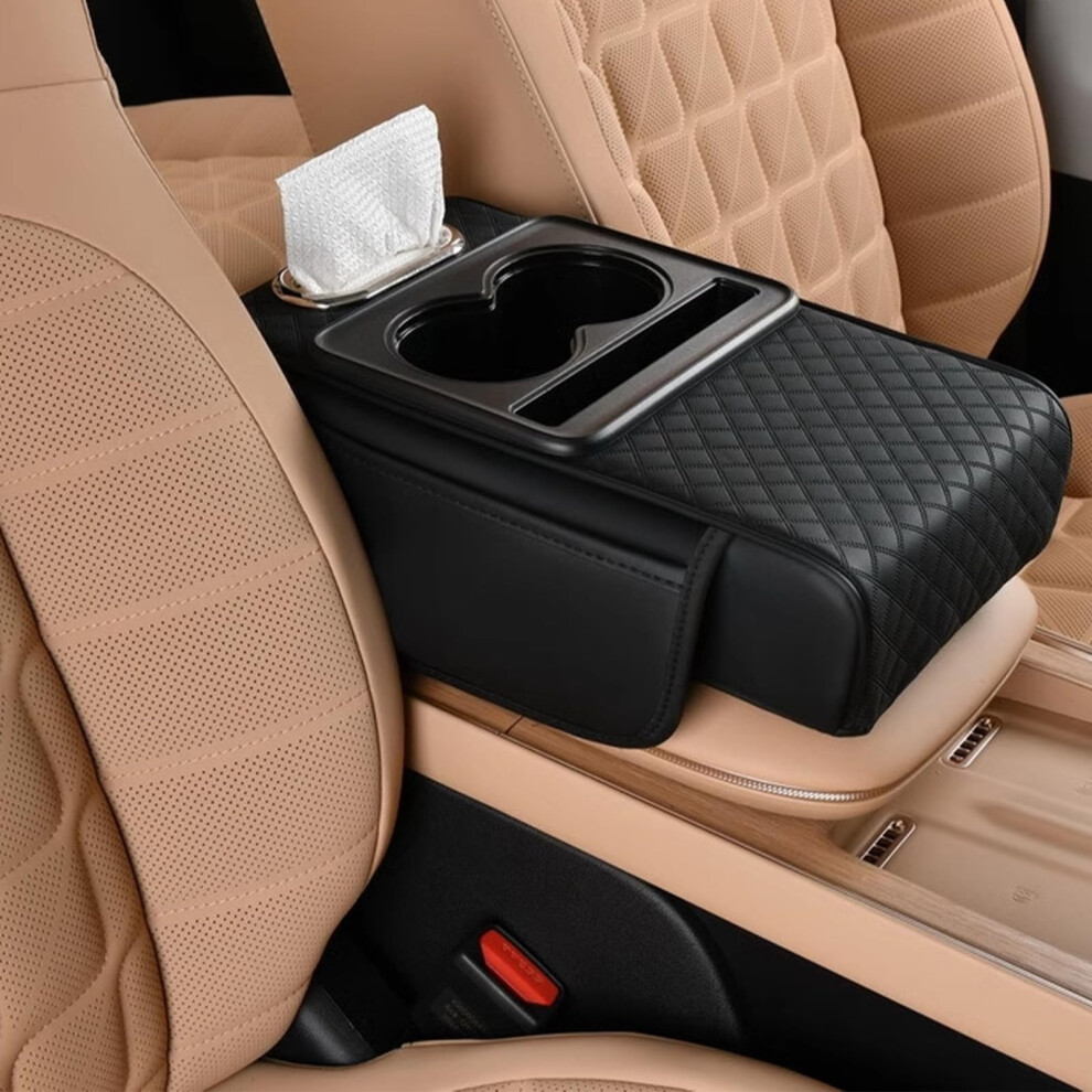 Car Armrest Cushion With Tissue Box Slot, Pressurized Multifunctional Heightening Pad, With Cup Holder Black 6947110206820