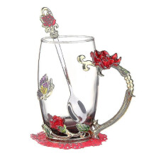 Red Blue Rose Enamel Crystal Tea Cup Butterfly Rose Painted Flower Cup