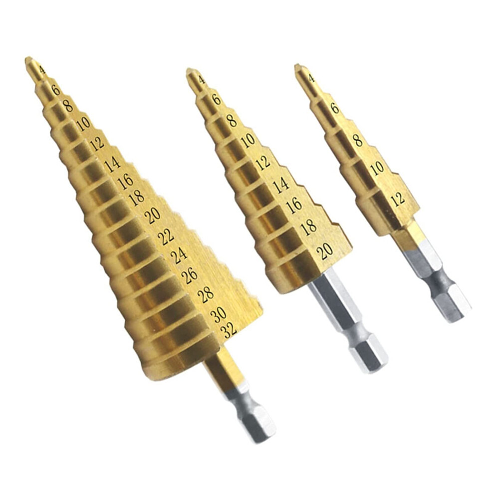 Hss Steel Big Step Cone Drill Bit Set, Titanium Coated, 3 Pieces, Sizes 4-12Mm, 4-20Mm, 4-32Mm, Core Hole Opener 6947110208619
