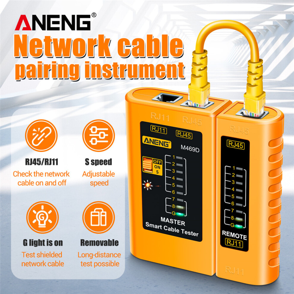 Aneng M469d Network Cable Tester For Rj11/Rj45 With Led Indicator, 97X27x103.4mm, Black 8761342335411