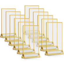 12 Pcs Clear Acrylic Table Sign Holders Double Sided Menu Frames with Gold Border and Vertical Stand for 6 x 4 Inch Photos