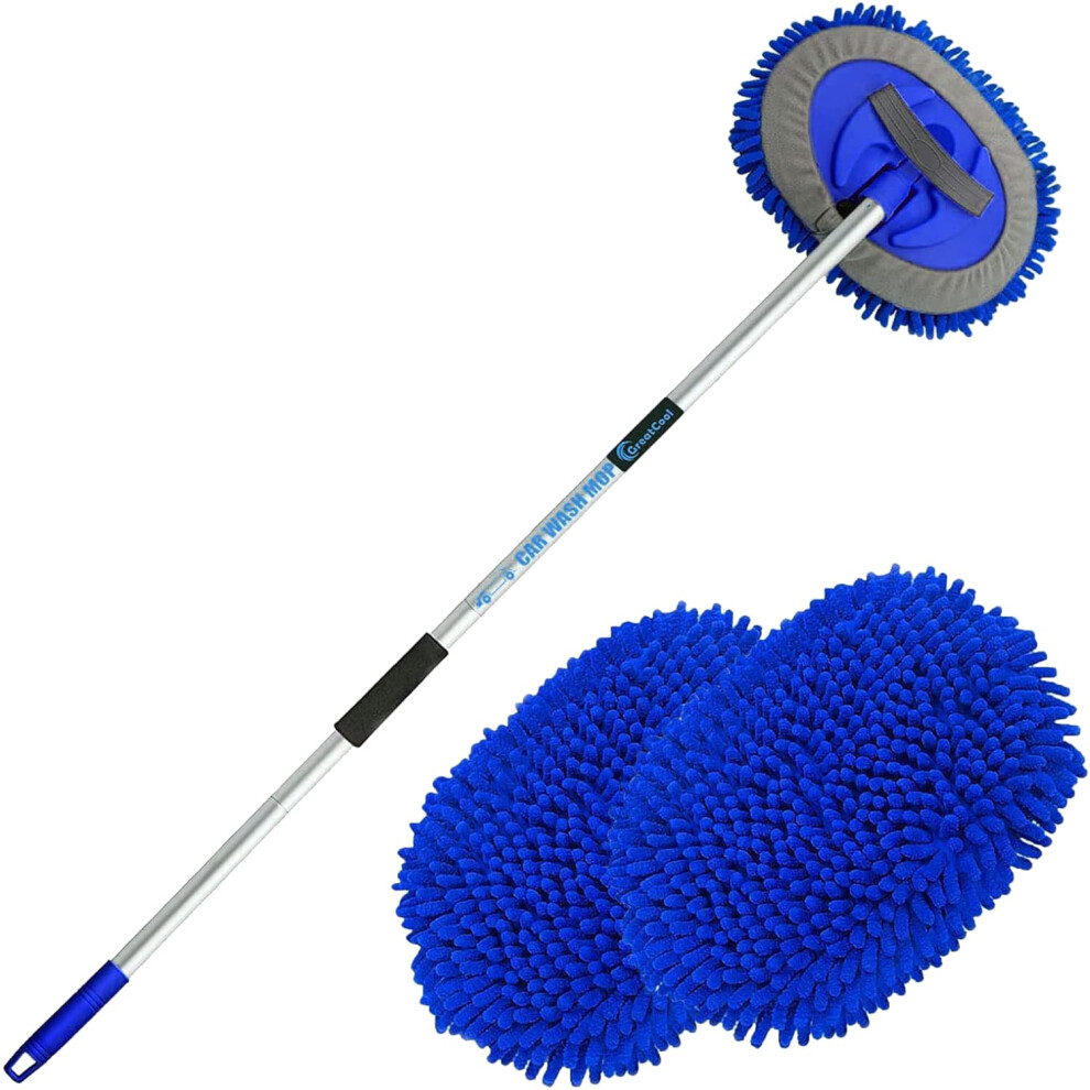 62" Car Wash Brush Mop Kit - Long Handle Chenille Microfiber Sponge Mitt For Cars Trucks Suvs Rvs (2 Mop Heads) Blue 6947110212531