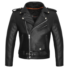 Black Classic Police Style Motorcycle Leather Biker Jacket for Men with Plain Sides and Durable Construction