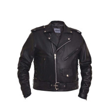 Men's Traditional Premium Black Motorcycle Jacket with Side Laces, Size 48, Genuine Leather Biker Coat
