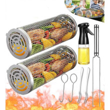 Rolling Grilling Baskets for Outdoor Grill Bbq Net Tube Stainless Steel Round Mesh Barbecue Accessories