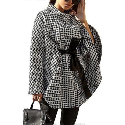 Women's Lace Up Houndstooth Cape Coat Oversized Pullover Cloak Sleeve Jackets