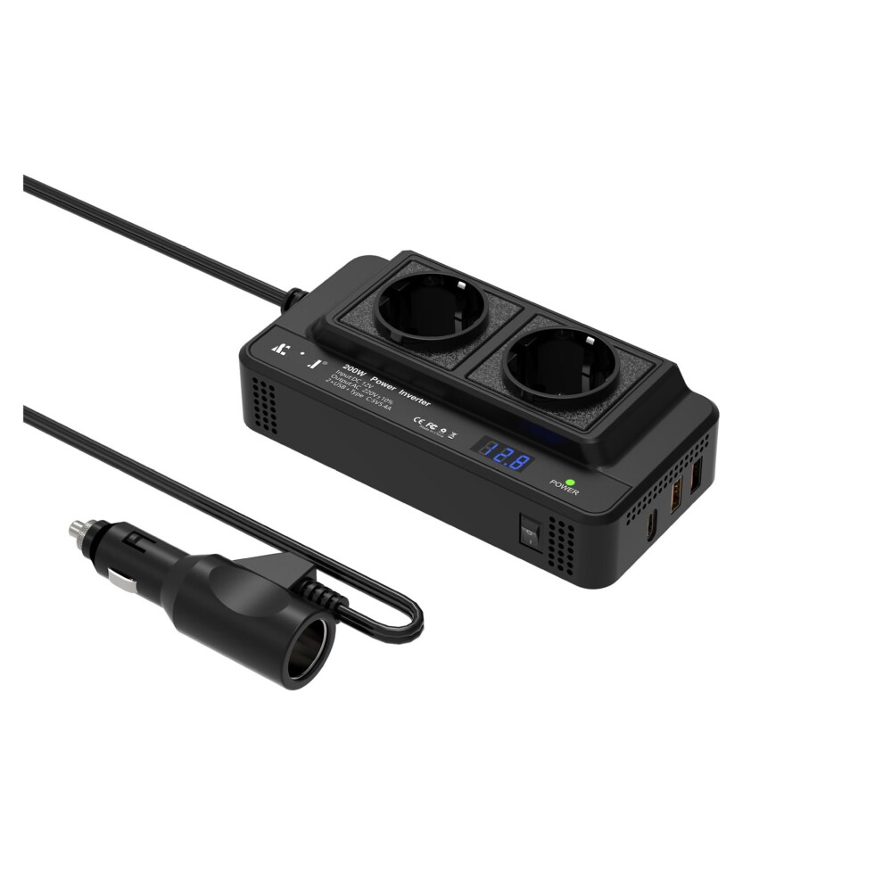 Car Inverter 200W 12V To 220V Dual Ac Outlet With 2 Usb Ports And Type-C Qc3.0 Pd20w European Size Specifications 6493810710384