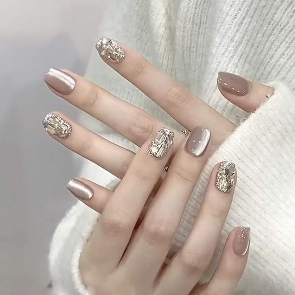 Glitter Press On Nails Champagne Cat Eye Short Design with Rhinestones, 30 Nails, Adhesive Tabs, Manicure Stick, Mini File