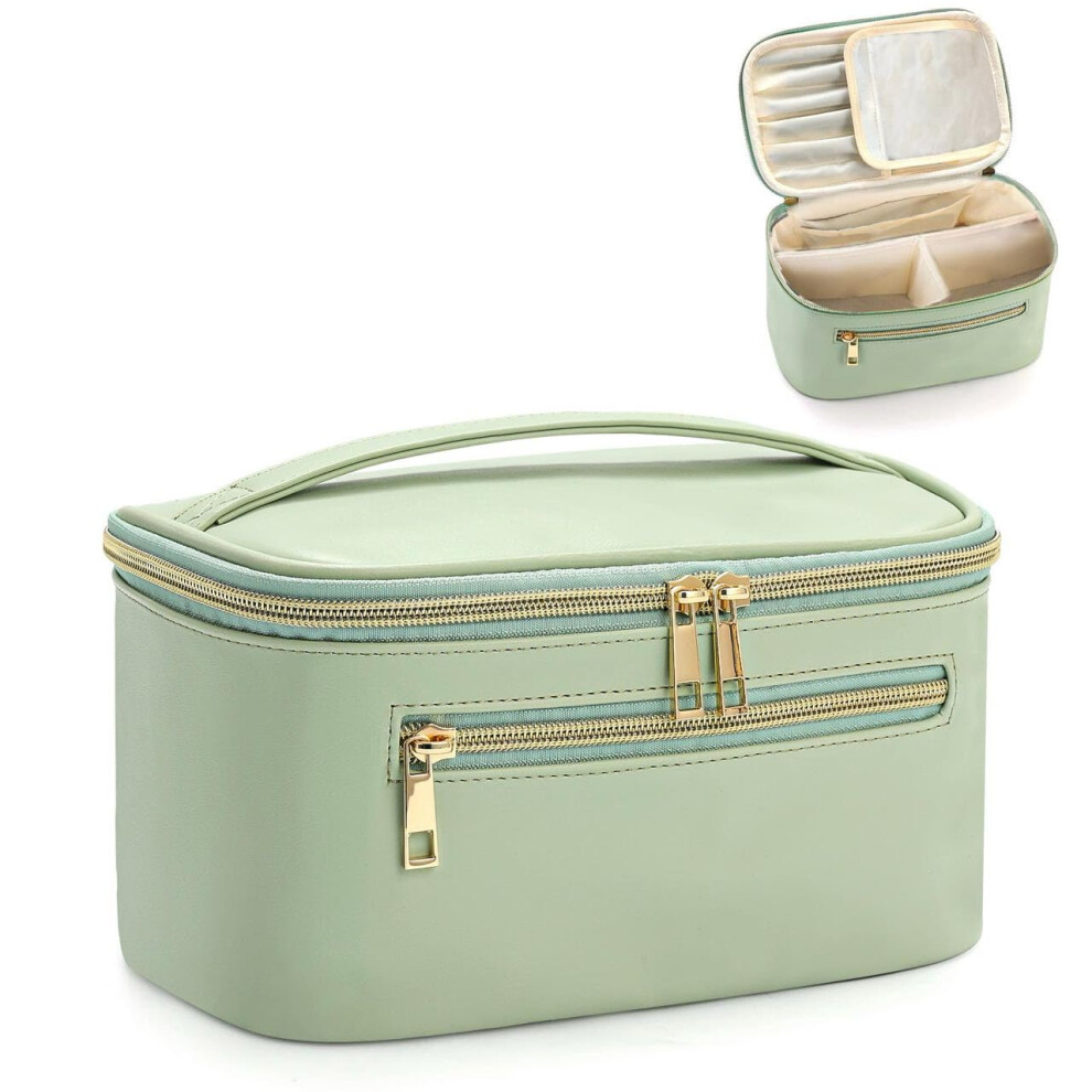 Green Travel Makeup Bag Organizer, Large Capacity Waterproof Cosmetic Pouch With Divider, Clamshell Case With Handle And Metal Zipper