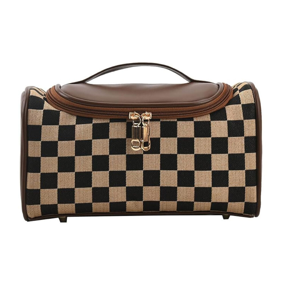 Checkered Commuter Cosmetic Bag XL Capacity Brown Makeup Bag with Chessboard Design and Maillard Accents