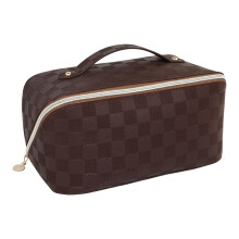 Travel Toiletry Bag Makeup Bag, Water-Resistant Portable Cosmetic Organizer Case, Brown Grid Flat Pouch for Women