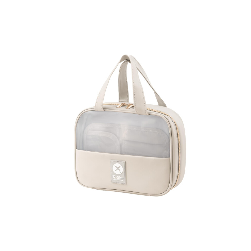 Waterproof PU Leather Makeup Bag for Women - Large Capacity Travel Organizer, Beige Toiletry & Cosmetic Brush Case with Compartments