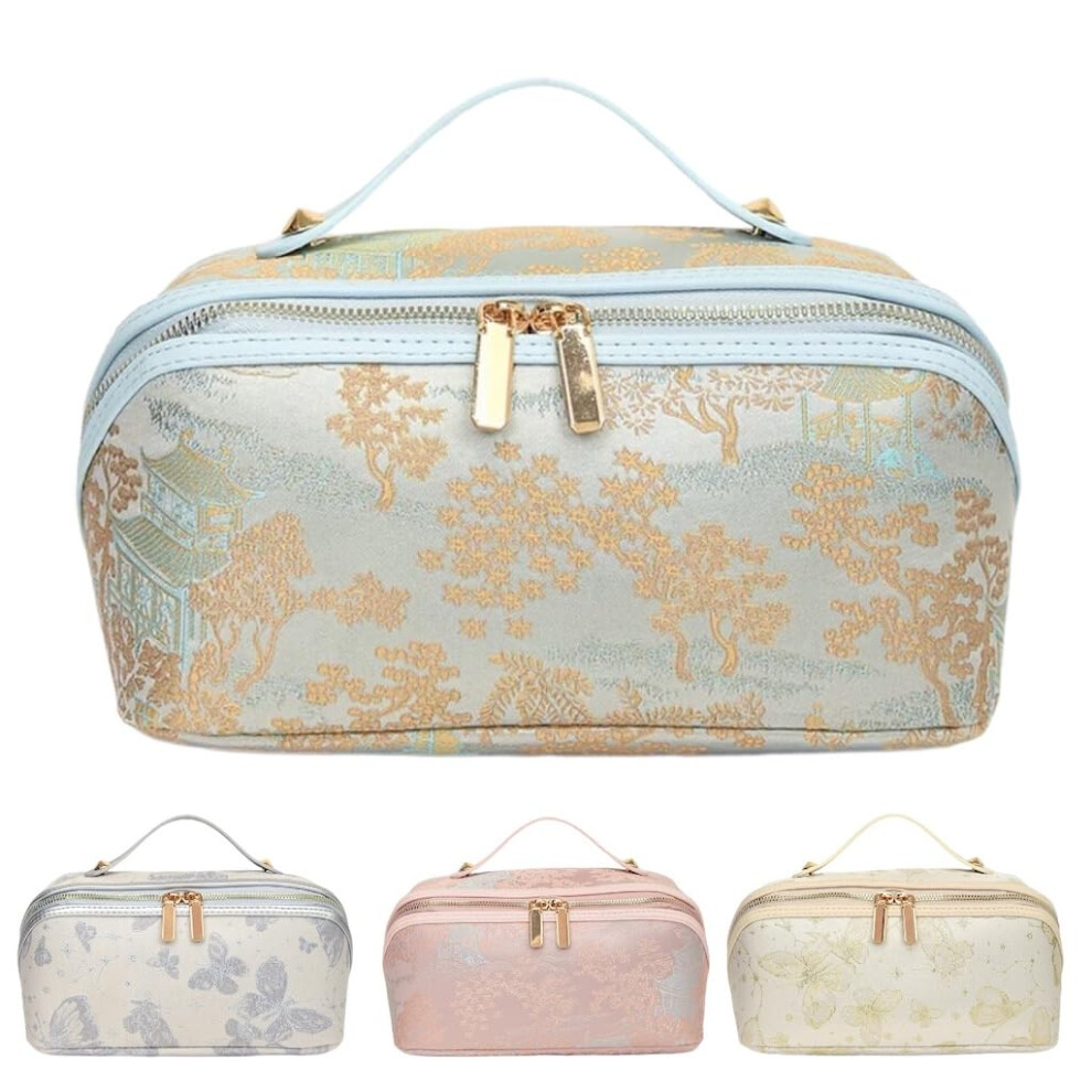 Blue Large Capacity Makeup Bag Portable Travel Cosmetic Organizer Open-Flat Toiletry Bag For Women With Divider Pouch Zipper (Blue)