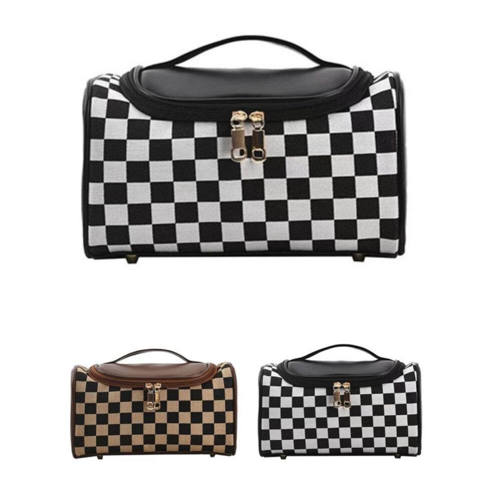 Checkerboard Makeup Bag Waterproof Large Capacity Portable Cosmetic Storage Bag for Women in Black Plaid Design