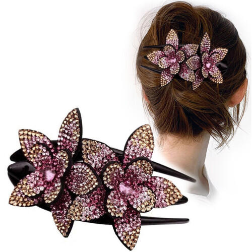 Fermaglio per capelli con strass a fiore doppio 9x5cm Champagne viola S 1