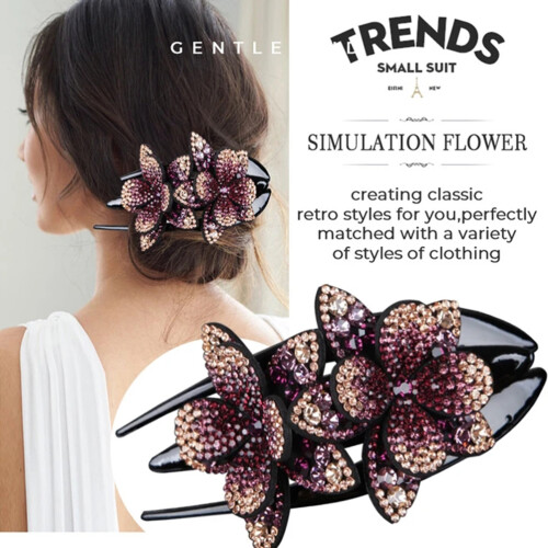 Fermaglio per capelli con strass a fiore doppio 9x5cm Champagne viola S 2