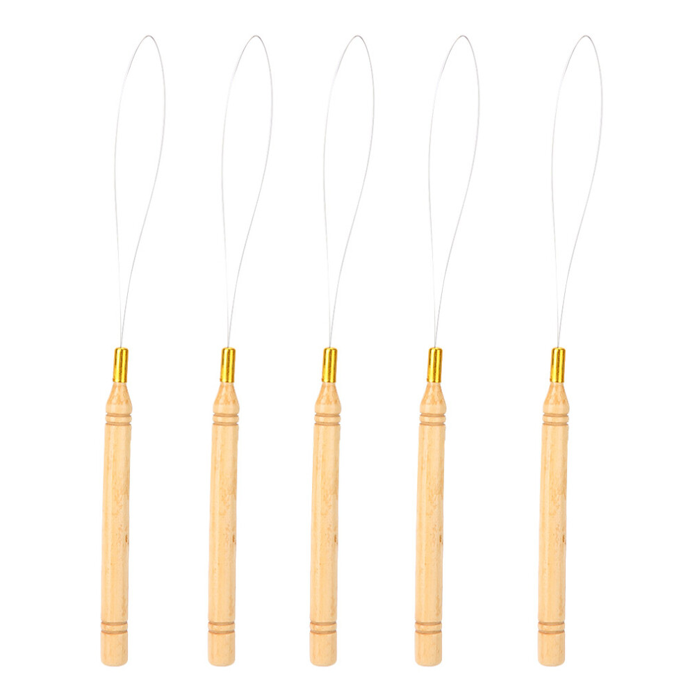 Unisex 5Pcs Hair Extensions Loop Needle Wooden Threader