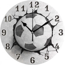 Round acrylic wall clock with football motif, silent, no ticking.