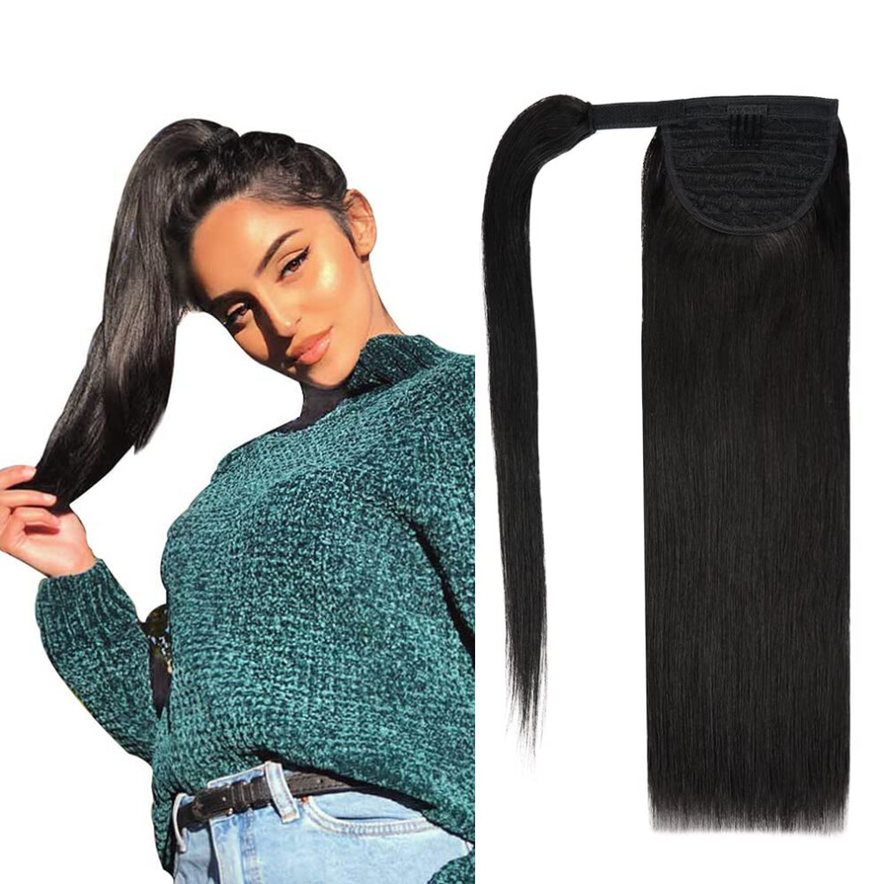 Unisex Black 14 Inch Ponytail Extension Human Hair Clip In 70G #1B Natural Remy Long Straight Wrap Around Hairpiece For Women