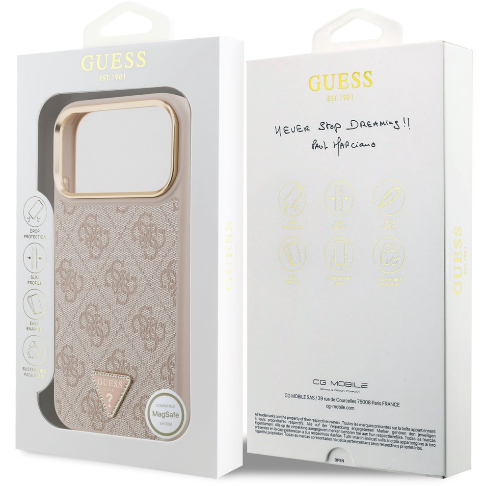 Guess Pu Leather 4G Triangle Logo Gold Case For Iphone 17 Pro Max Pink 3666339521462