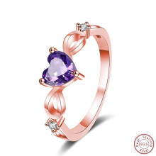 (rose gold, 10) 2025 European New 100% S925 Sterling Silver Natural Amethyst Purple Heart Ring Fashion Simple Women's Gem Ring