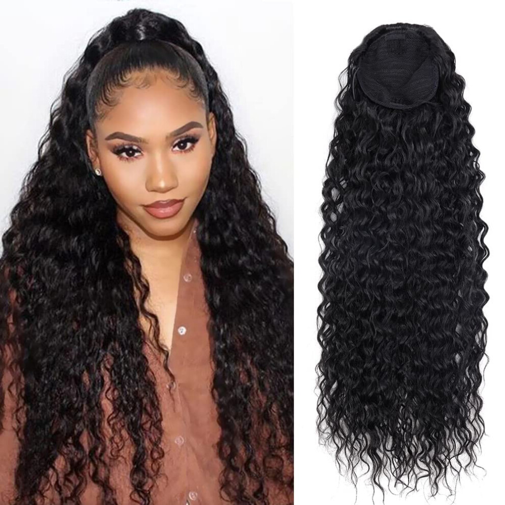 Unisex Black 24 Inch Curly Ponytail Extensions Synthetic Deep Wave Drawstring Ponytail Natural Hairpiece For Women 1B# 160G