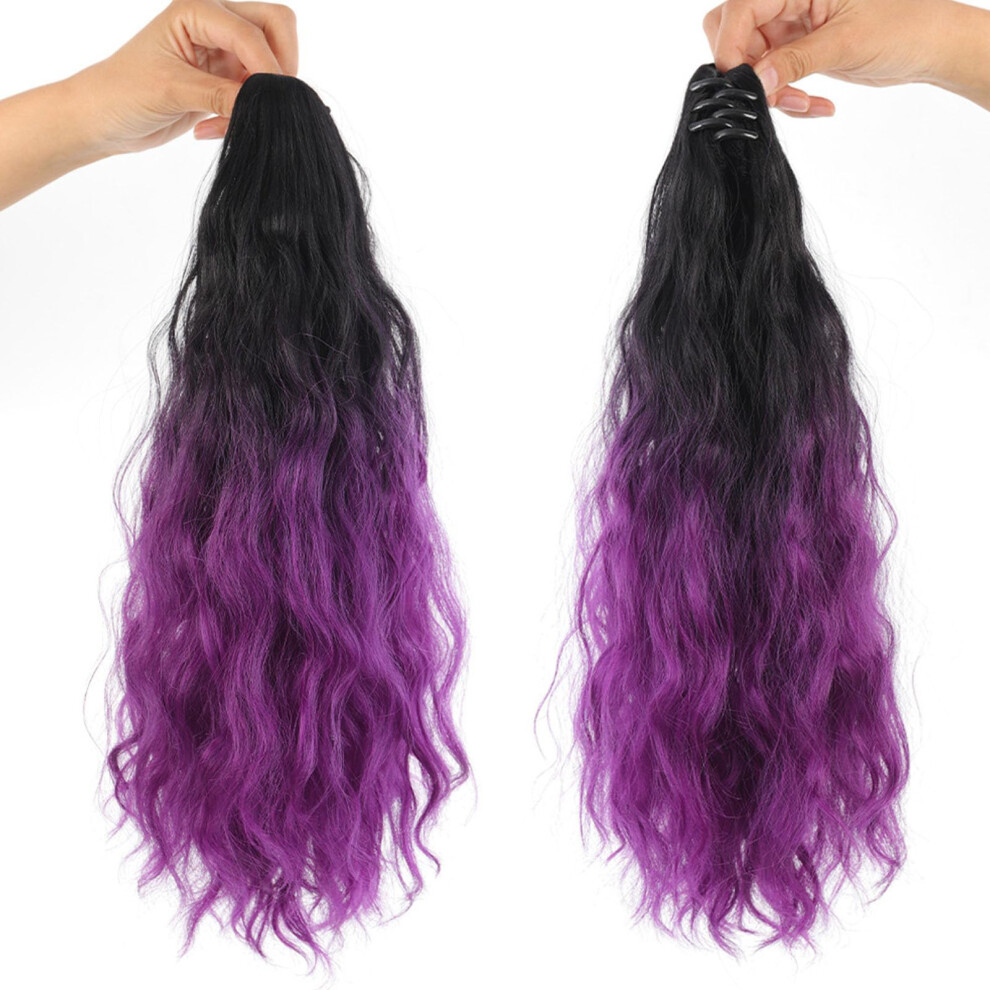 Claw Clip Ponytail Extensions 20 Inch Curly Wavy Synthetic Hairpiece Ombre Brown Black to Purple for Women