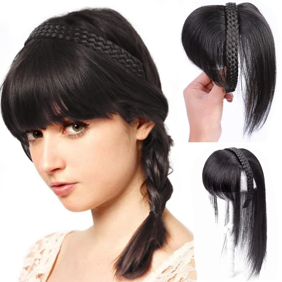 Unisex Black Remy Human Hair Topper With Bangs 10X10cm Breathable Lace Base Natural Long Hairpiece 40Cm Braided Headband Extensions
