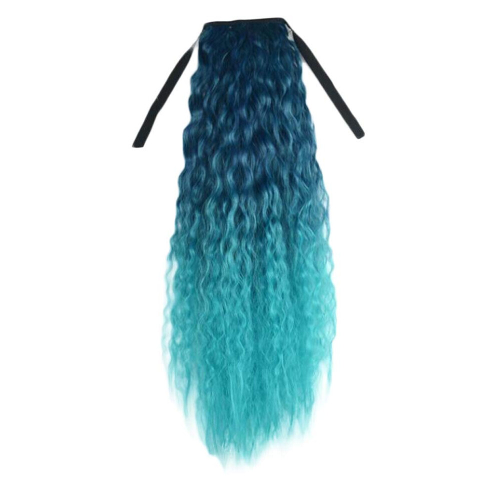 Unisex Green Wavy Curly Wrap Around Ponytail Wig Extension Synthetic Hair Gradient Peacock Fluffy Drawstring Hairpiece For Women
