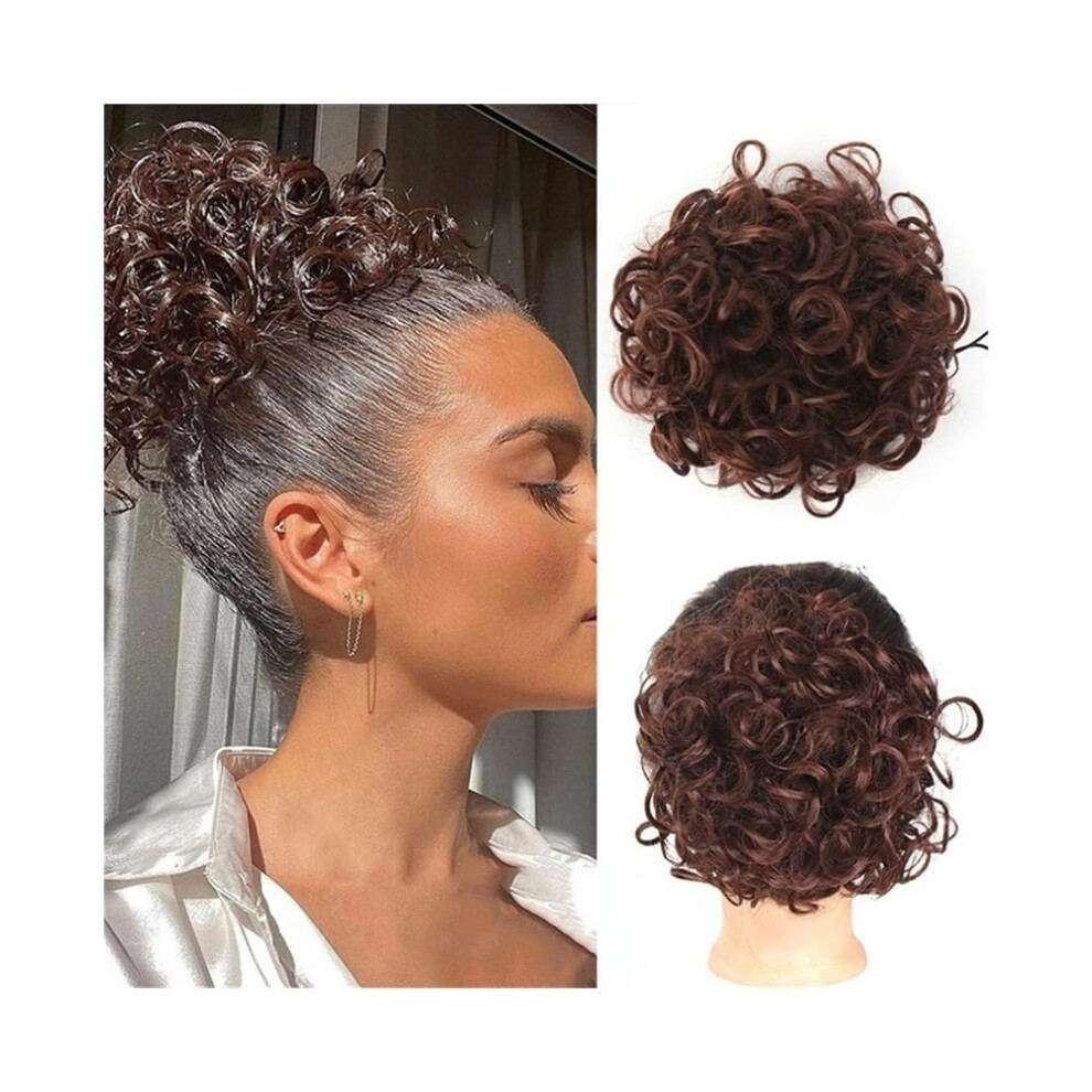 Unisex Red,Brown Hair Bun Hairpiece Messy Curly Clip In Synthetic Hair Extensions Drawstring Ponytail Chignon Medium Brown Dark Auburn