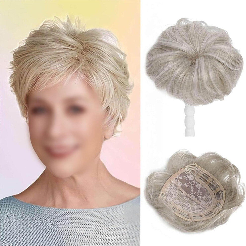 Unisex Silver Short Hair Toppers Clip In Wiglets Multi-Layer Curly Wavy Extensions With Bangs Synthetic Hair Platinum Blonde