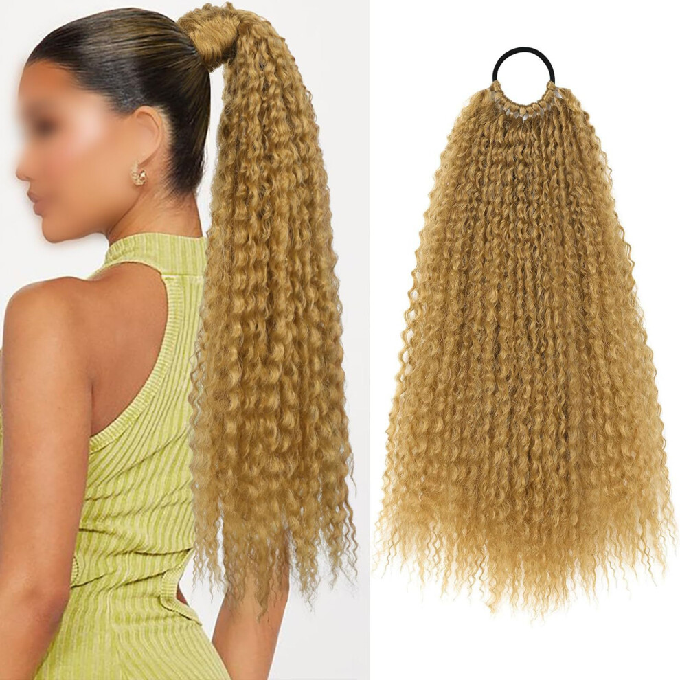 Unisex Wrap Around Ponytail Extension Long Curly 20 Inch Blonde Afro Curl Soft Synthetic Hairpiece With Hair Tie