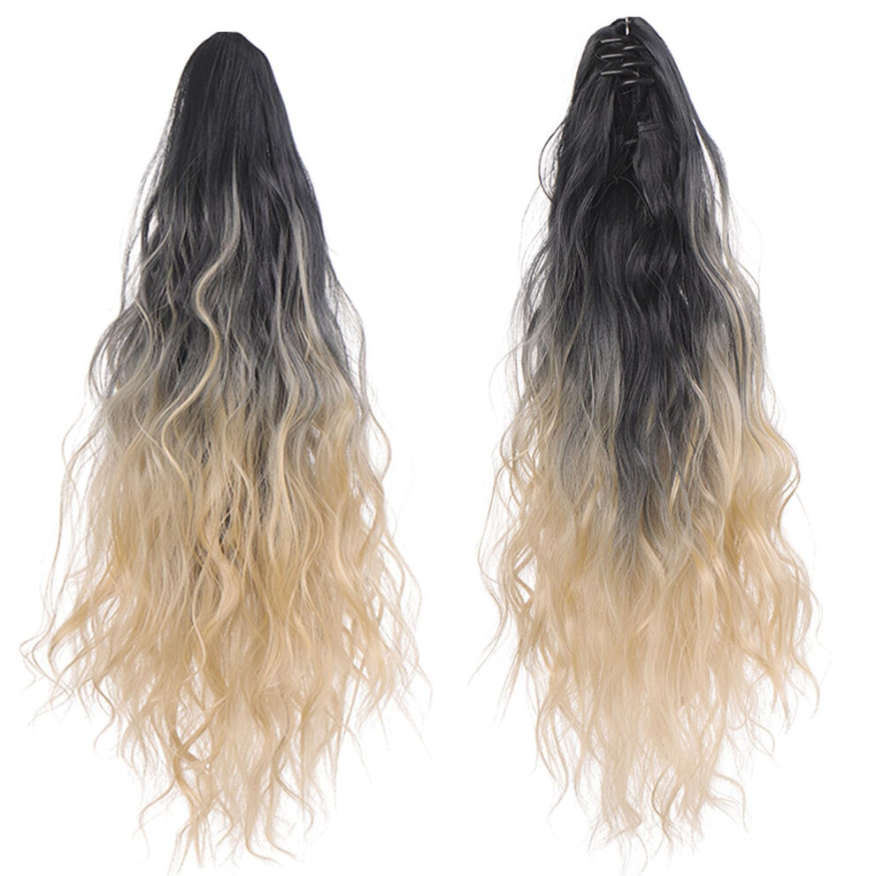 Unisex Black,Brown Claw Clip Ponytail Extension 20 Inch Long Wavy Curly Layered Synthetic Hairpiece Ombre Brown Black To Light Blonde
