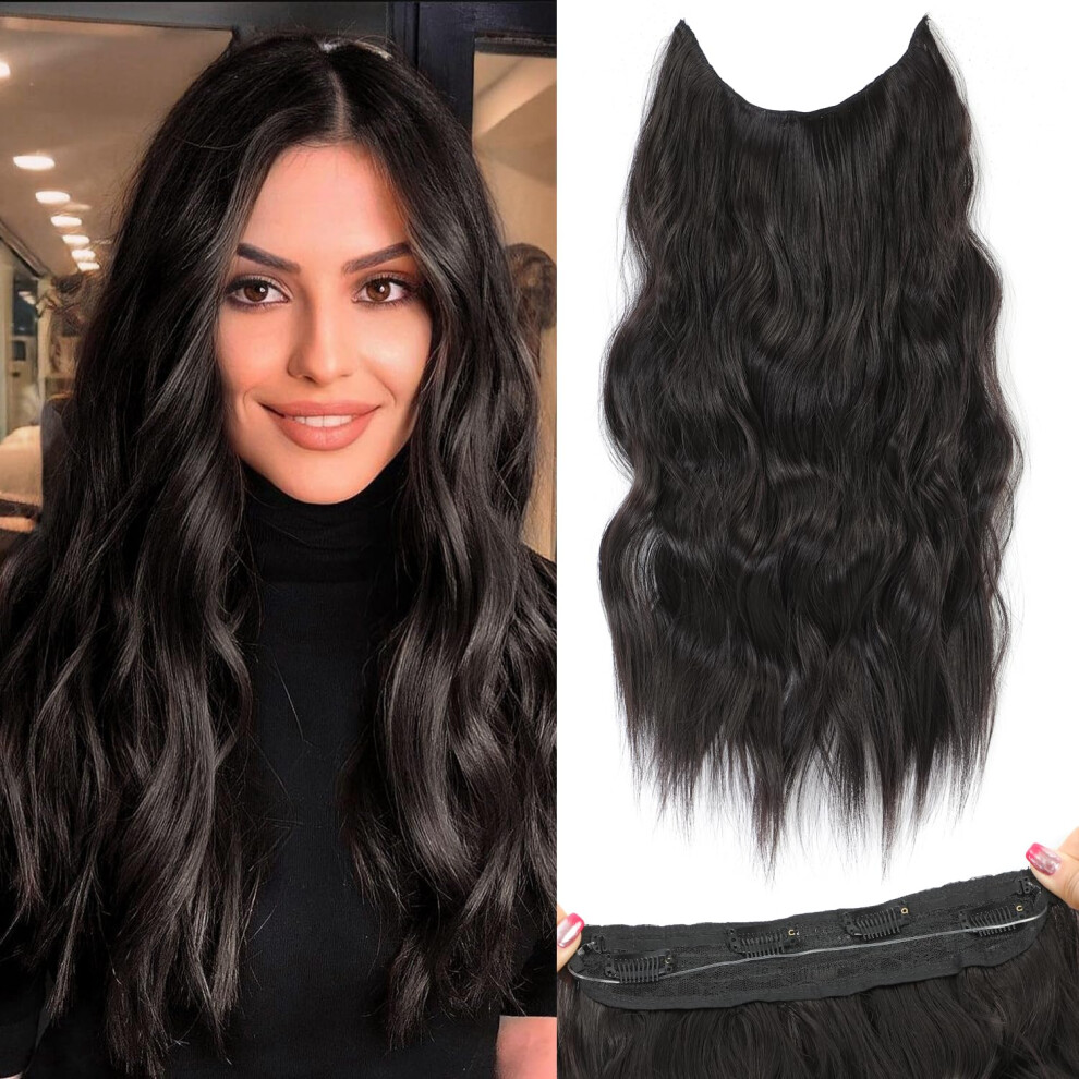 Halo Hair Extensions 20 Inch Invisible Wire Adjustable Long Wavy Hairpiece Synthetic Pure Black with 4 Secure Clips
