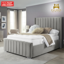 (Grey (with Mattress), 5ft King (with Gaslift)) Luxury Panel Bed Frame Upholstered Velvet 54n Winged Headboard Mattress & Gas Lift Storage Bed