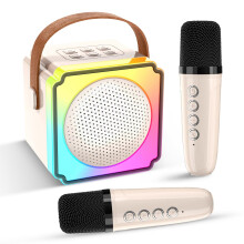 Mini Karaoke Machine for Kids and Adults, Portable Bluetooth Karaoke System with 2 Wireless Microphones, Home Party Entertainment (Beige)