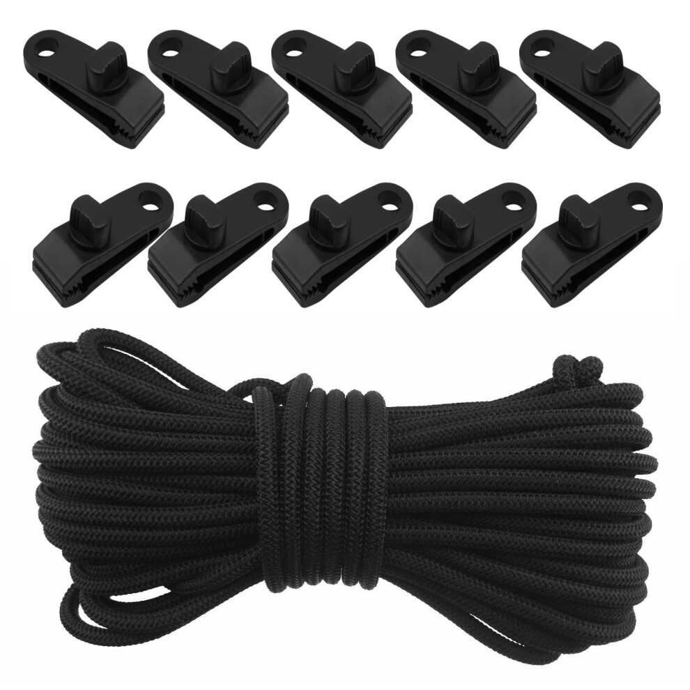 Bungee Rope Black 6Mm - 10M + 10 X Clips For Tarpaulin Screw Type 5061004427908