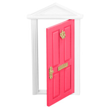 Porta delle fate in legno di colore rosso-rosa per casa delle bambole in miniatura, con dettagli vividi e brillanti