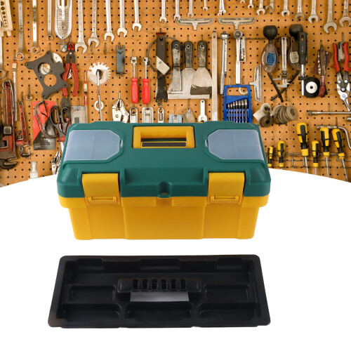 Portable Hardware Tool Box Car Storage with Removable Tray, 17in, Yellow Green 2