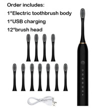 (Musta 12-päinen) Älykäs sähköinen hammasharja USB-ladattava hampaat Clean Whitening Sonic-hammashar