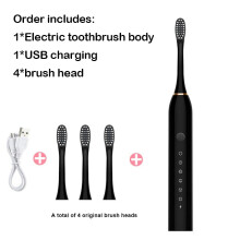 (Musta 4-päinen) Älykäs sähköinen hammasharja USB-ladattava hampaat Clean Whitening Sonic-hammasharj