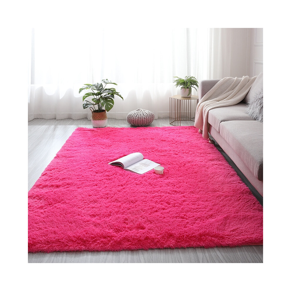 (Long-pile pink [Soft and thickened, 120*200cm) Simple solid-color living room silk and wool carpet, tie-dyed thickened, bedroom long-wool bay window