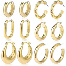 6 Pairs Chunky Gold Hoop Earrings Set for Women 14k Gold Plated Hypoallergenic Thick Open Huggie Hoop Set Jewelry for Gifts-gold