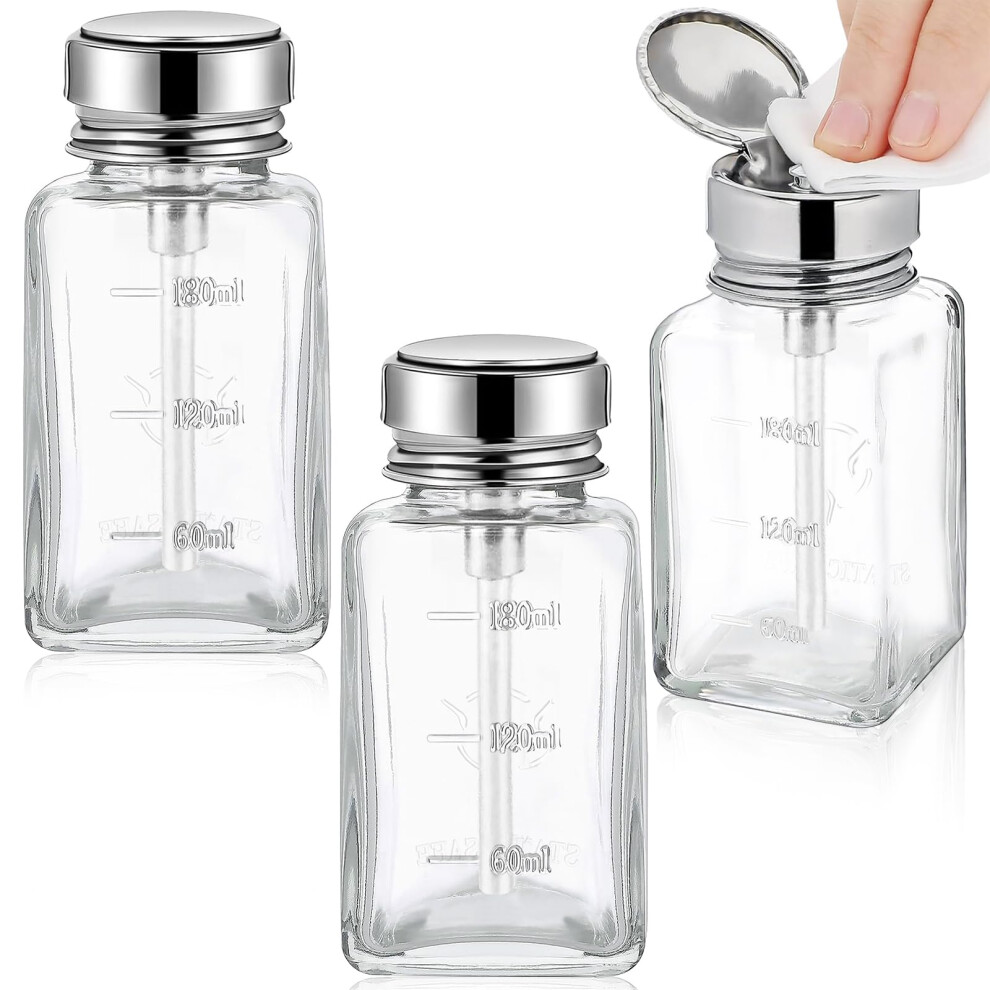 Glass Nail Polish Remover Pump Dispenser Set of 3, 180ml Acetone and Alcohol Push Down Bottles for Makeup Remover and Toner