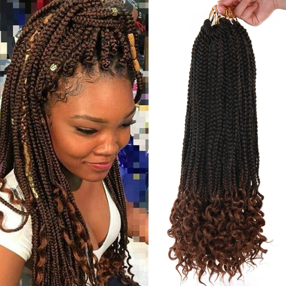 Unisex Black,Brown 18 Inch Crochet Braids Hair Box Braids With Curly Ends Ombre Brown 144 Roots Pack Braiding Hair Extensions For Women Black Brown (1B/30)