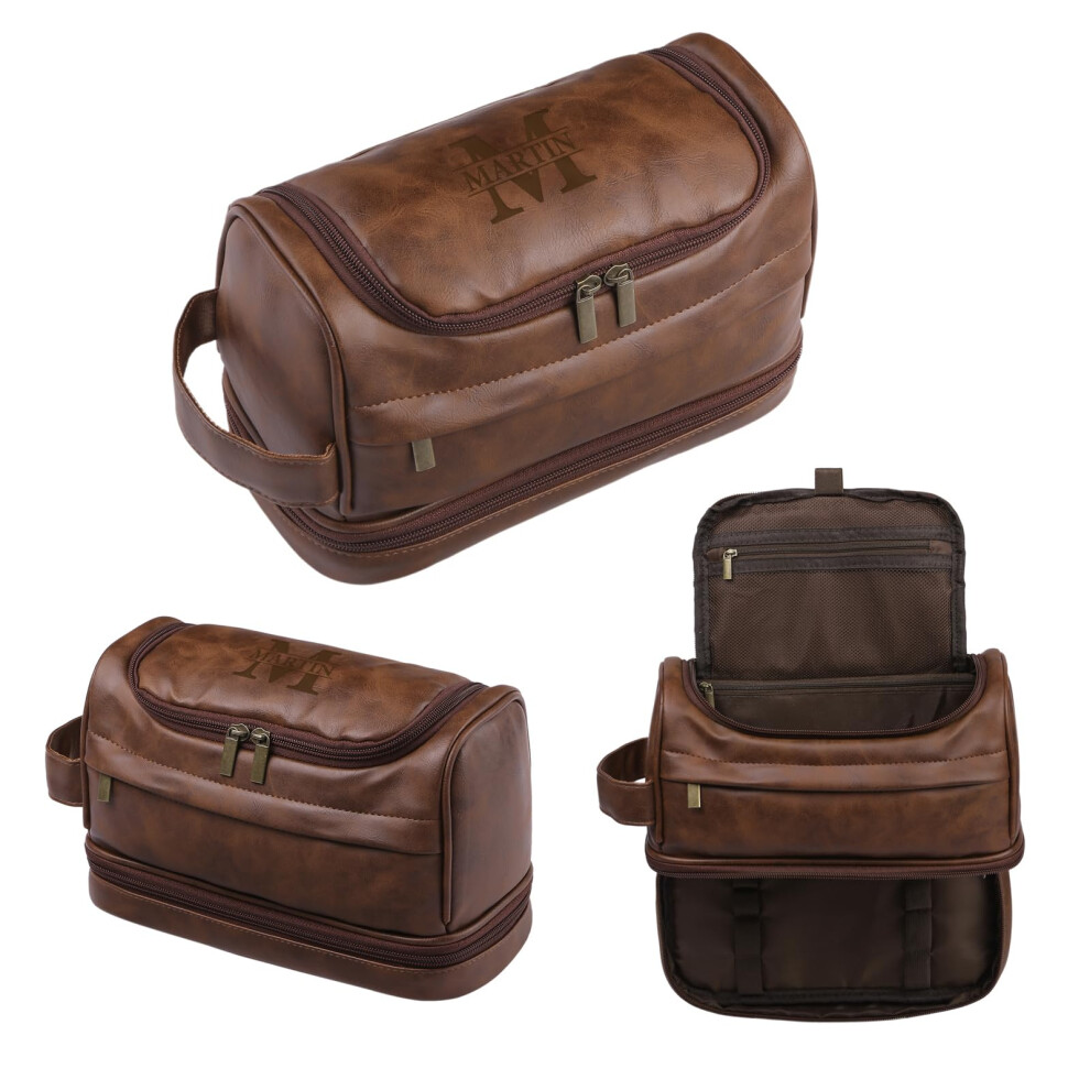 Personalized Toiletry Bag for Men Custom Brown PU Leather Dopp Kit Travel Shaving Bag Gifts for Dad Groomsmen-image-OPC-PJPBRQS-NEW