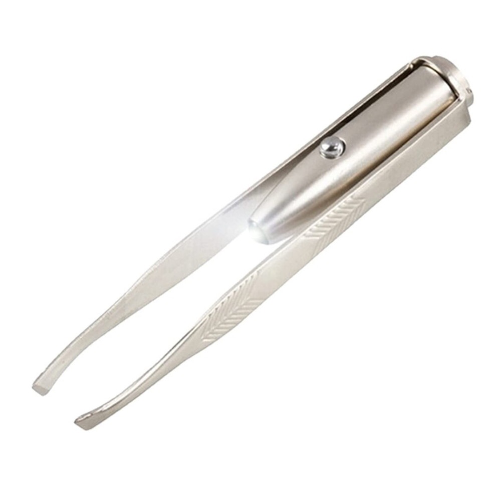 Stainless Steel Slant Tip Tweezers with LED Light for Eyebrows and Eyelash Hair Removal, Professional Makeup Tool