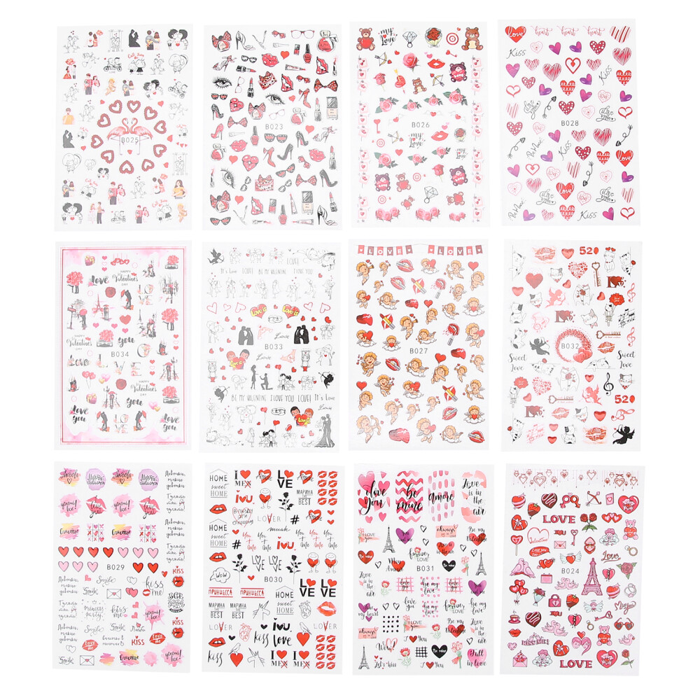 12 Sheets Valentine's Day Nail Art Stickers Red